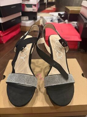 Sugar Black Slingback Heels with Silver Rhinestone Front Strap